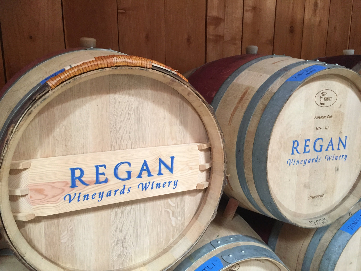 Barrels of wine labeled Regan Vineyards Winery